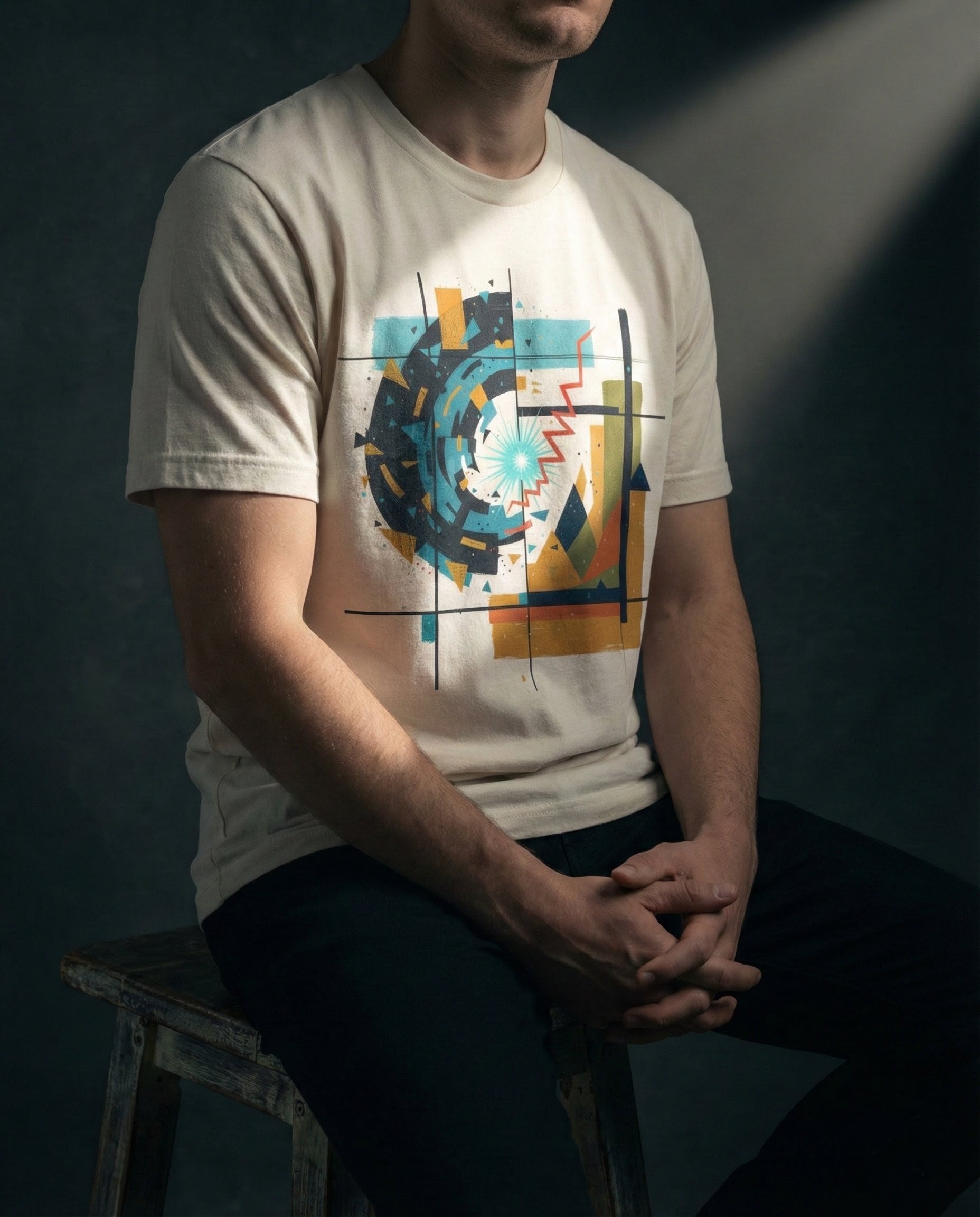 Person wearing a white t-shirt with a colorful abstract design on a dark background