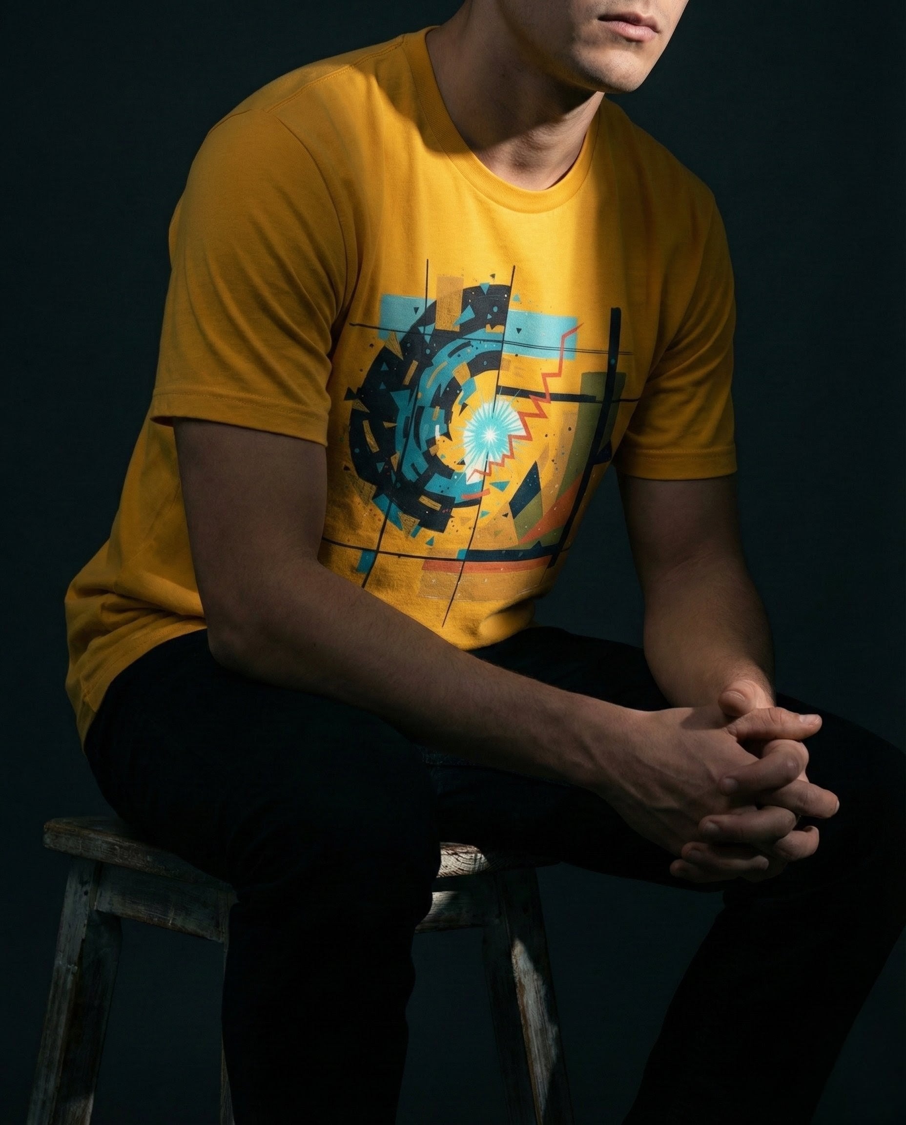 Person wearing a yellow t-shirt with a colorful graphic design, sitting on a stool against a dark background.