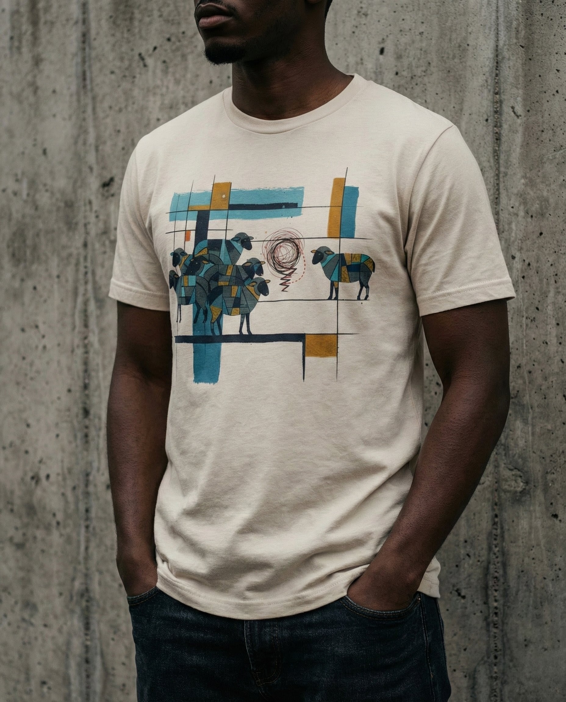 Person wearing a white t-shirt with abstract design against a concrete wall.