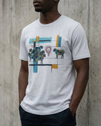 Model wearing the Light Blue One Percent tee, showing geometric sheep, blue and gold bars and a red scribble separating one sheep from the flock.