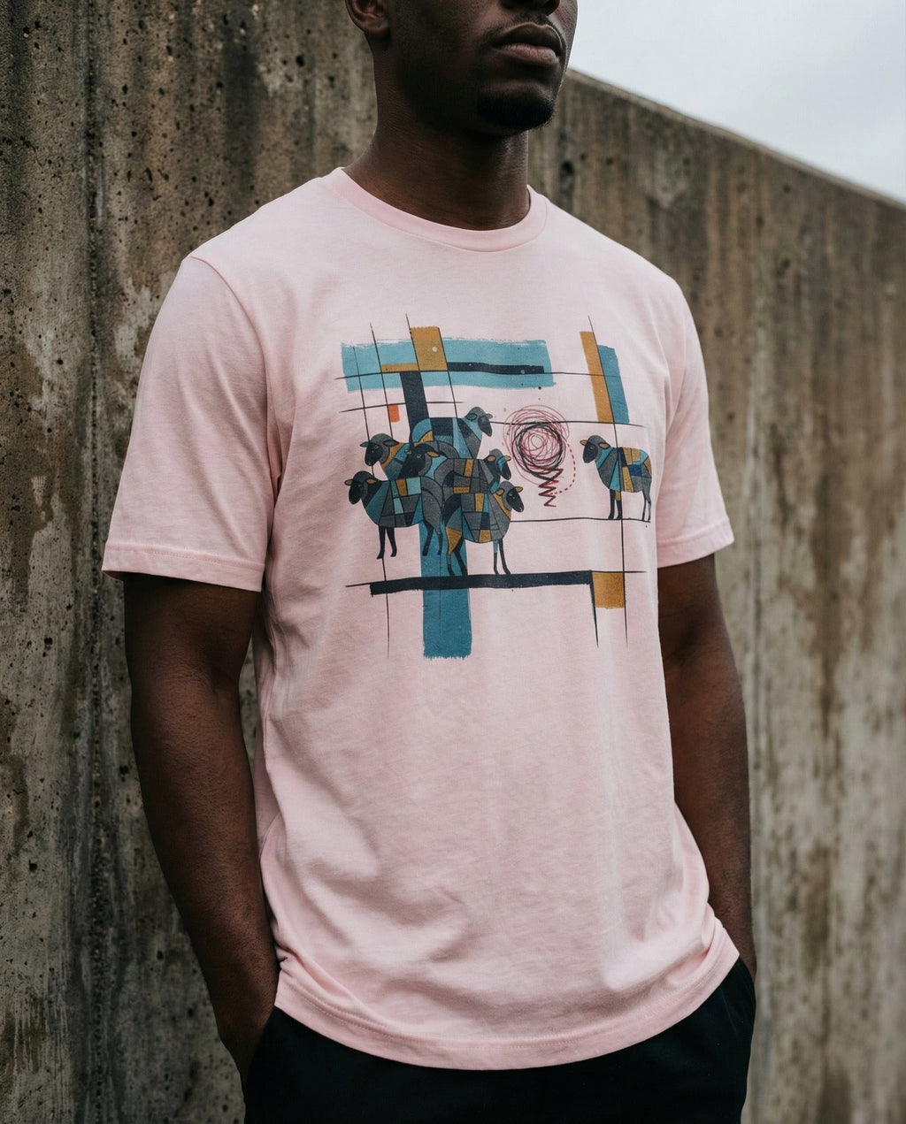Model wearing the Soft Pink One Percent tee, showing geometric sheep, blue and gold bars and a red scribble separating one sheep from the flock.