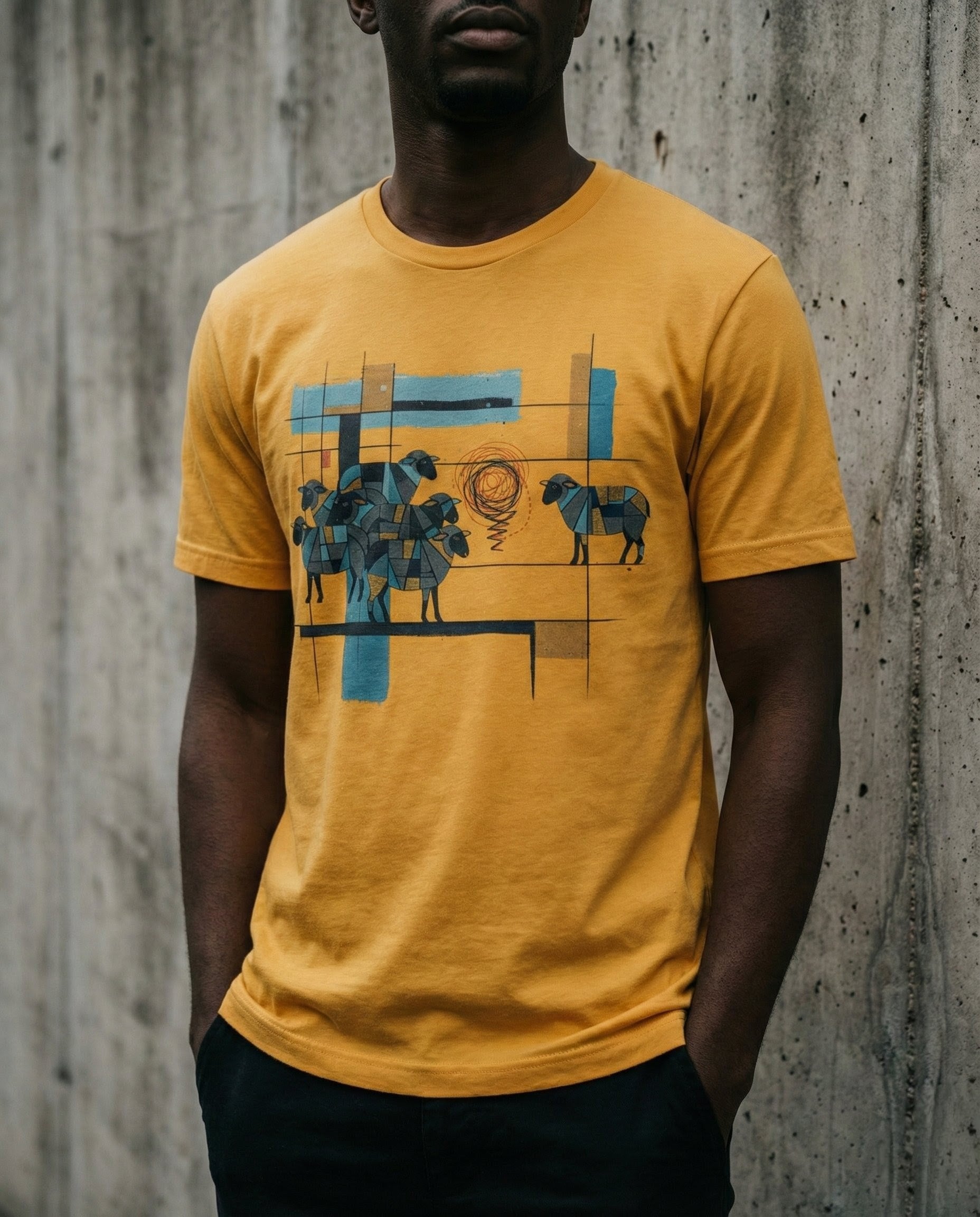 Person wearing a mustard yellow t-shirt with abstract design against a textured wall.
