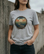 Model wearing the Athletic Heather Not My Own Tee with circular landscape, winding path and compass-like sun inside a branch border on the front.