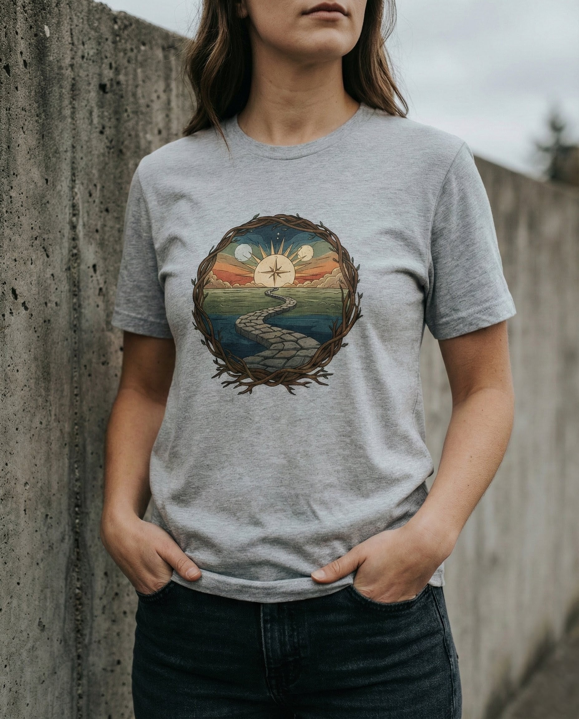 Person wearing a gray t-shirt with a circular design featuring a landscape and sun.