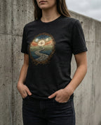 Model wearing the Black Heather Not My Own Tee with circular landscape, winding path and compass-like sun inside a branch border on the front.