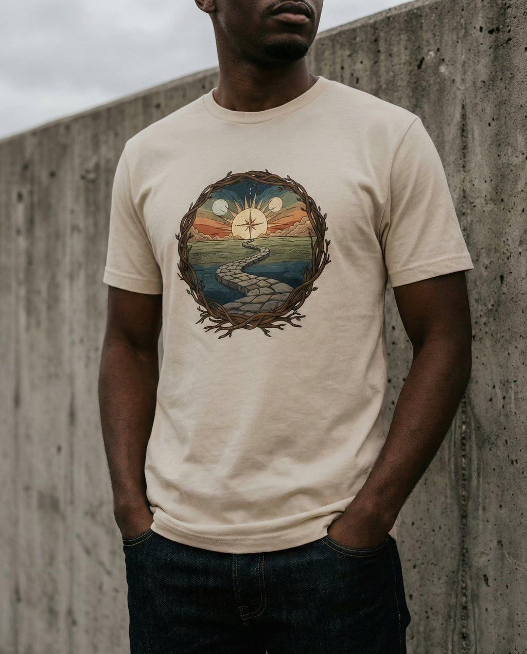 Model wearing the Soft Cream Not My Own Tee with circular landscape, winding path and compass-like sun inside a branch border on the front.
