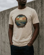 Model wearing the Soft Cream Not My Own Tee with circular landscape, winding path and compass-like sun inside a branch border on the front.
