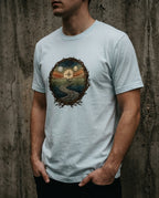 Model wearing the heather ice blue Not My Own Tee with circular landscape, winding path and compass-like sun inside a branch border on the front.