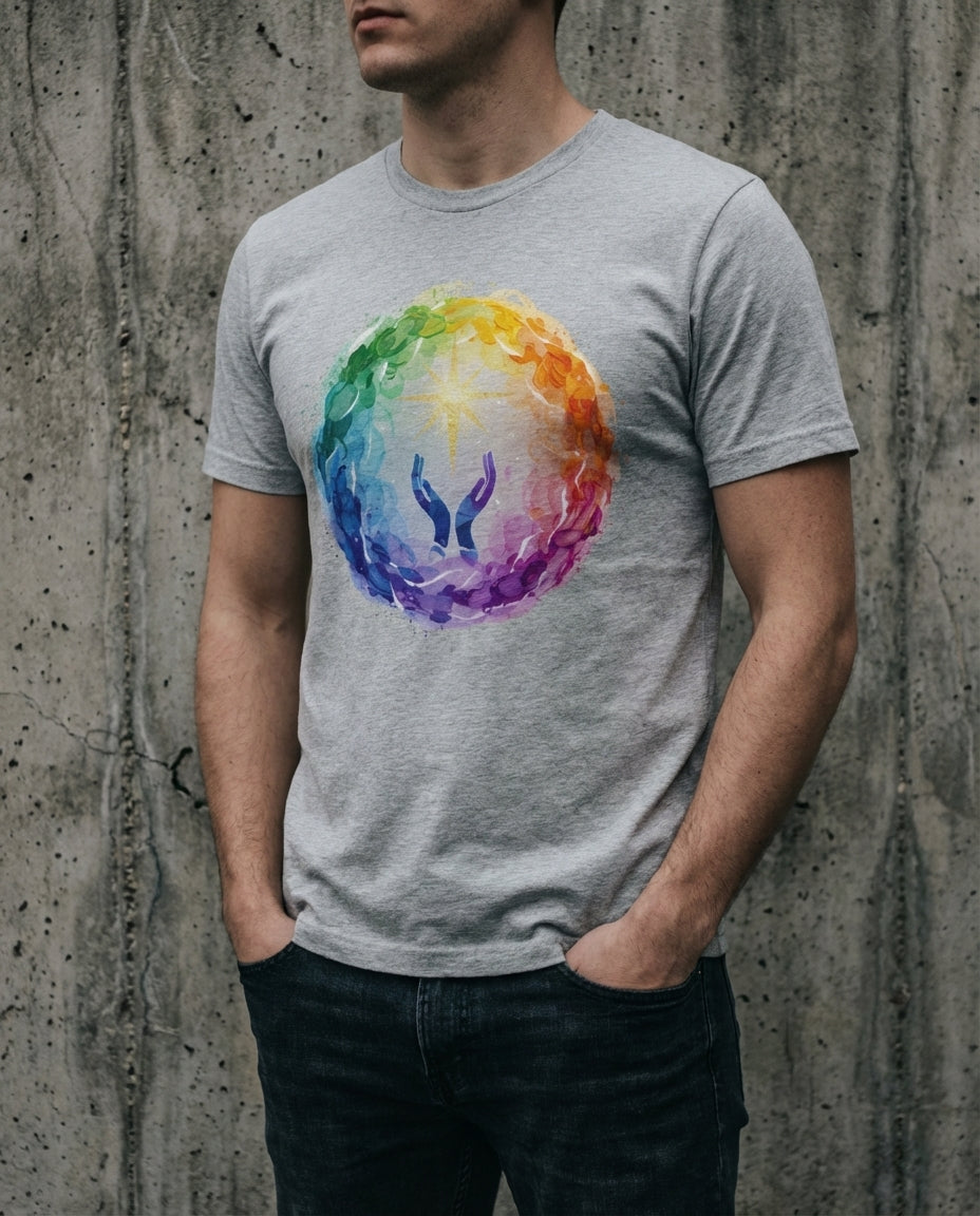 Person wearing a gray t-shirt with a colorful circular design against a concrete wall.