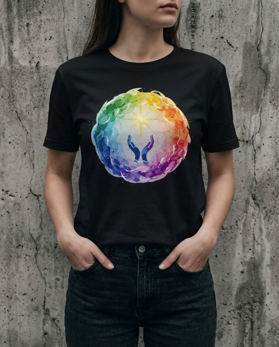 Person wearing a black t-shirt with a colorful abstract design against a textured wall.