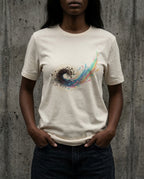 Model wearing a Vintage White Former Things Tee with a dark swirl turning into teal, pink, yellow and blue printed on the front.