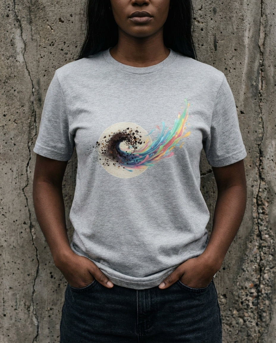 Model wearing a Athletic Heather Former Things Tee with a dark swirl turning into teal, pink, yellow and blue printed on the front.