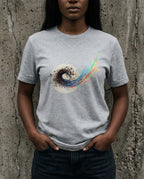 Model wearing a Athletic Heather Former Things Tee with a dark swirl turning into teal, pink, yellow and blue printed on the front.