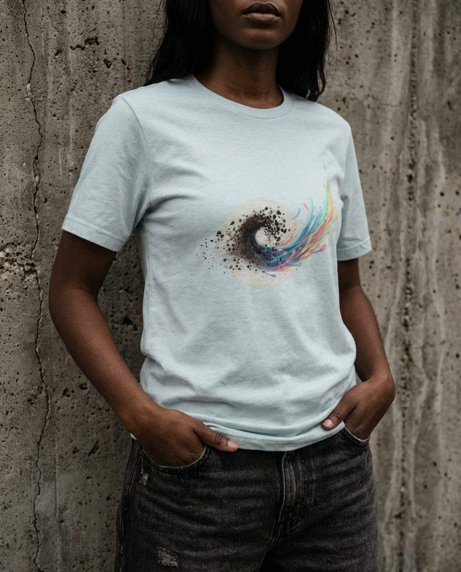Model wearing a Heather Prism Ice Blue Former Things Tee with a dark swirl turning into teal, pink, yellow and blue printed on the front.