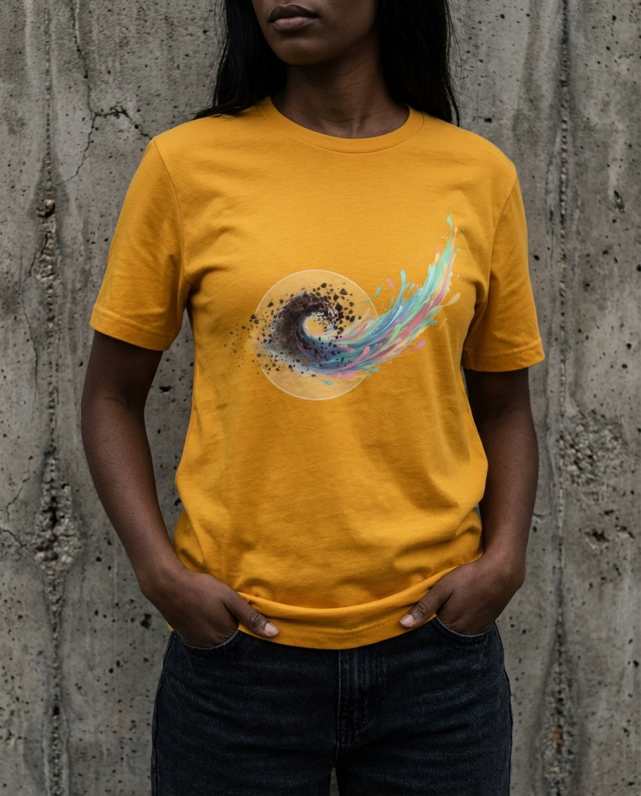 Person wearing a yellow t-shirt with a colorful design against a textured wall.