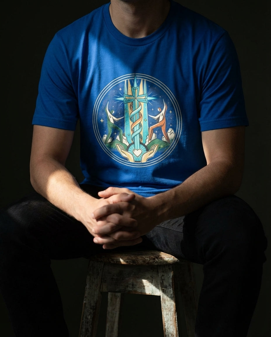 Model wearing the True Royal Secret Tee with circular cross, winding helix, figures and heart artwork on the front.
