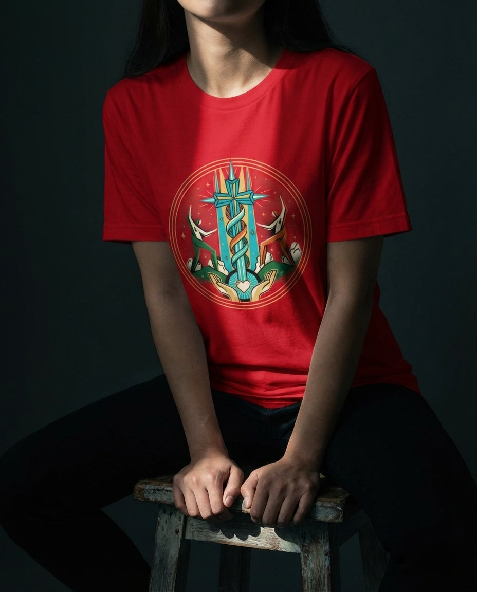 Model wearing the Red Secret Tee with circular cross, winding helix, figures and heart artwork on the front.