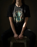 Model wearing the Black Heather Secret Tee with circular cross, winding helix, figures and heart artwork on the front.