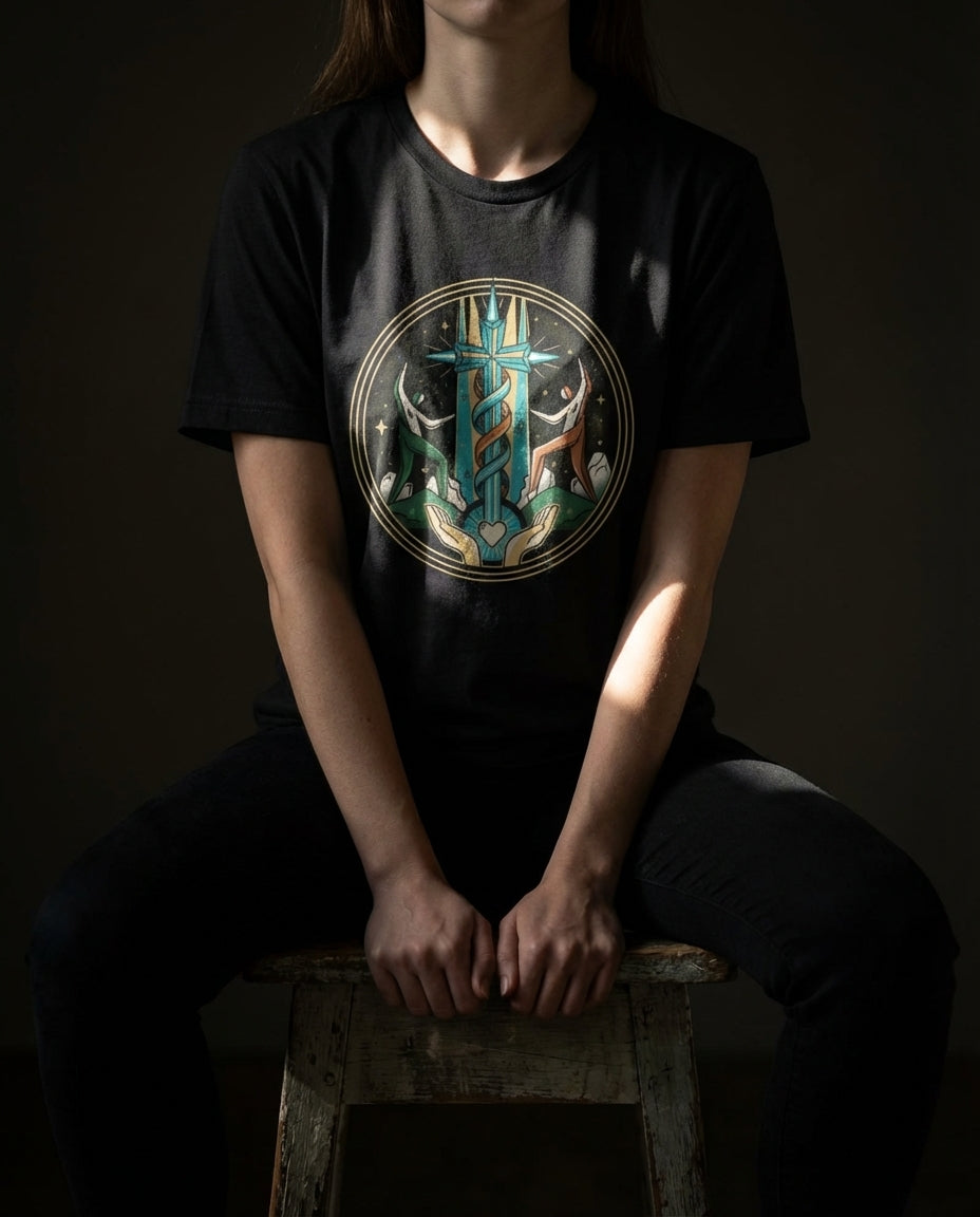 Person wearing a black t-shirt with a colorful graphic design on a dark background