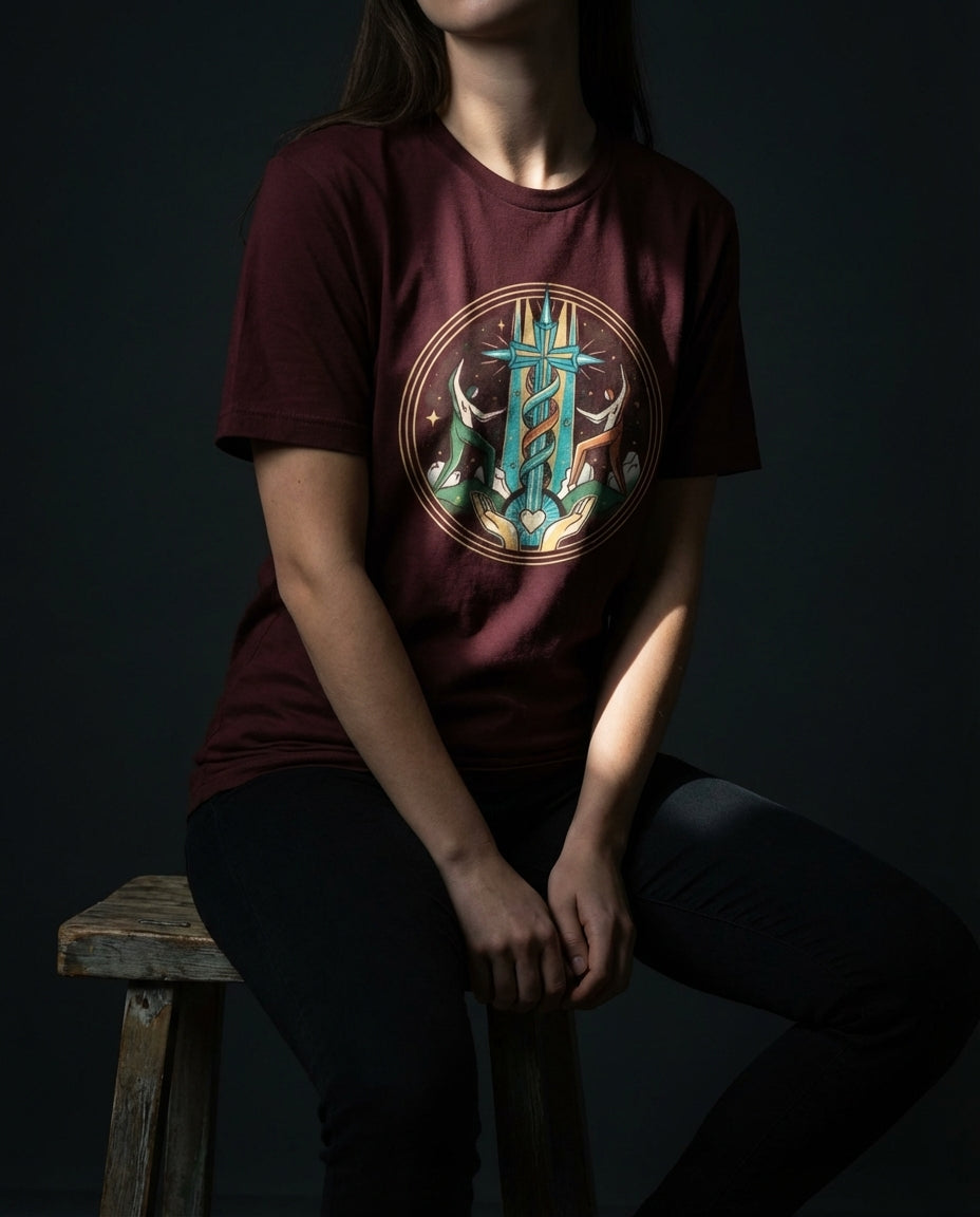 Model wearing the Oxblood Black Secret Tee with circular cross, winding helix, figures and heart artwork on the front.