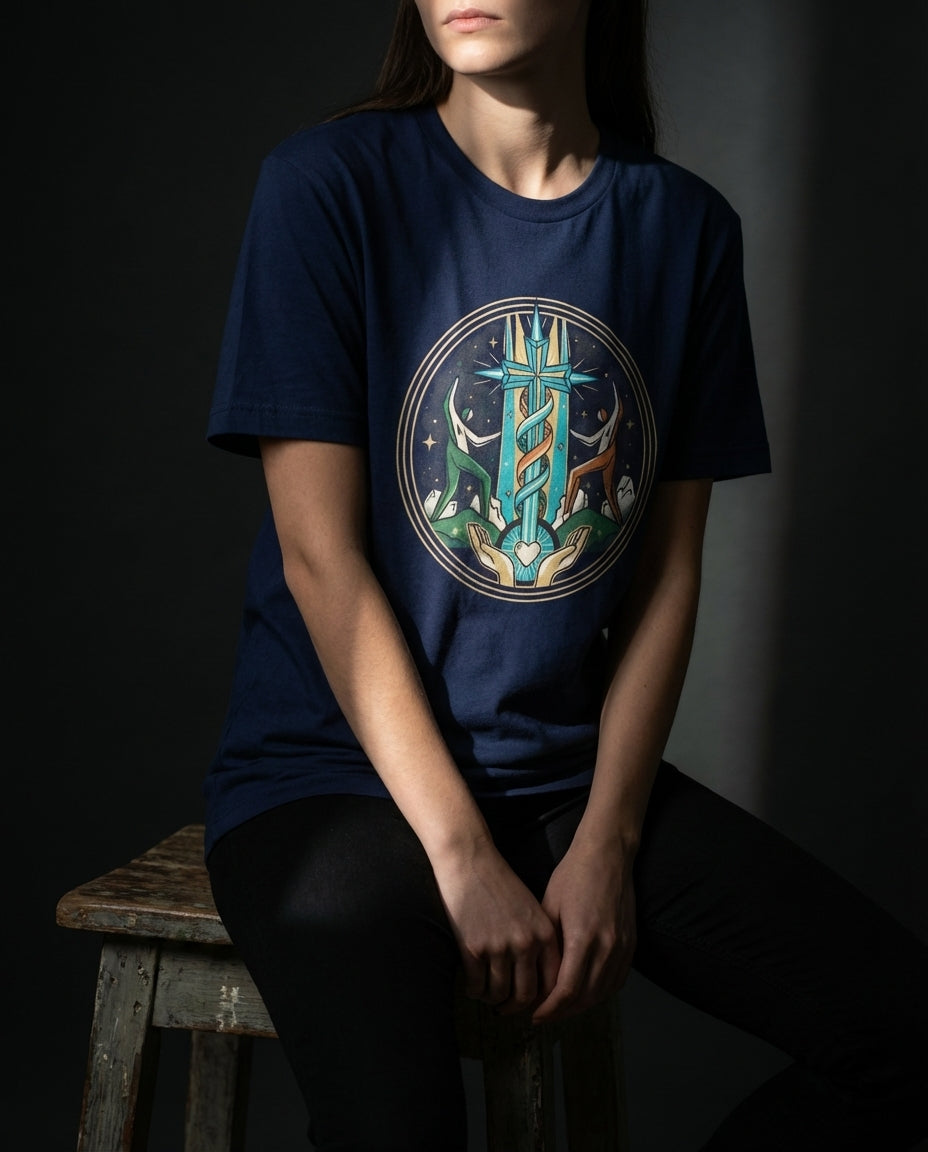 Selah Supply Co. The Secret Tee in Navy. Model wearing a Christian graphic tee that visualizes the 'Divine Supply Line' of Philippians 4:13 through a central glowing cross, winding helix, and figures standing on rocky ground.