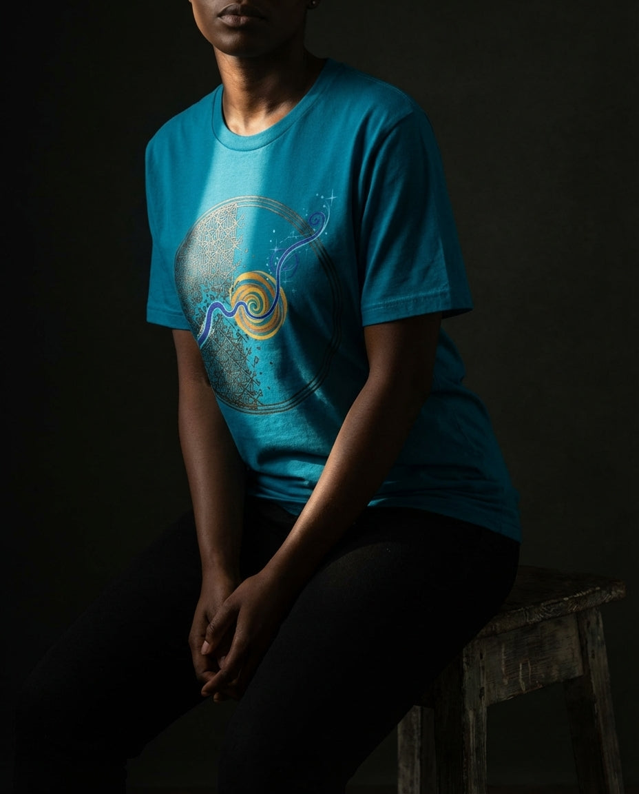 Person wearing a blue t-shirt with a graphic design sitting on a dark background