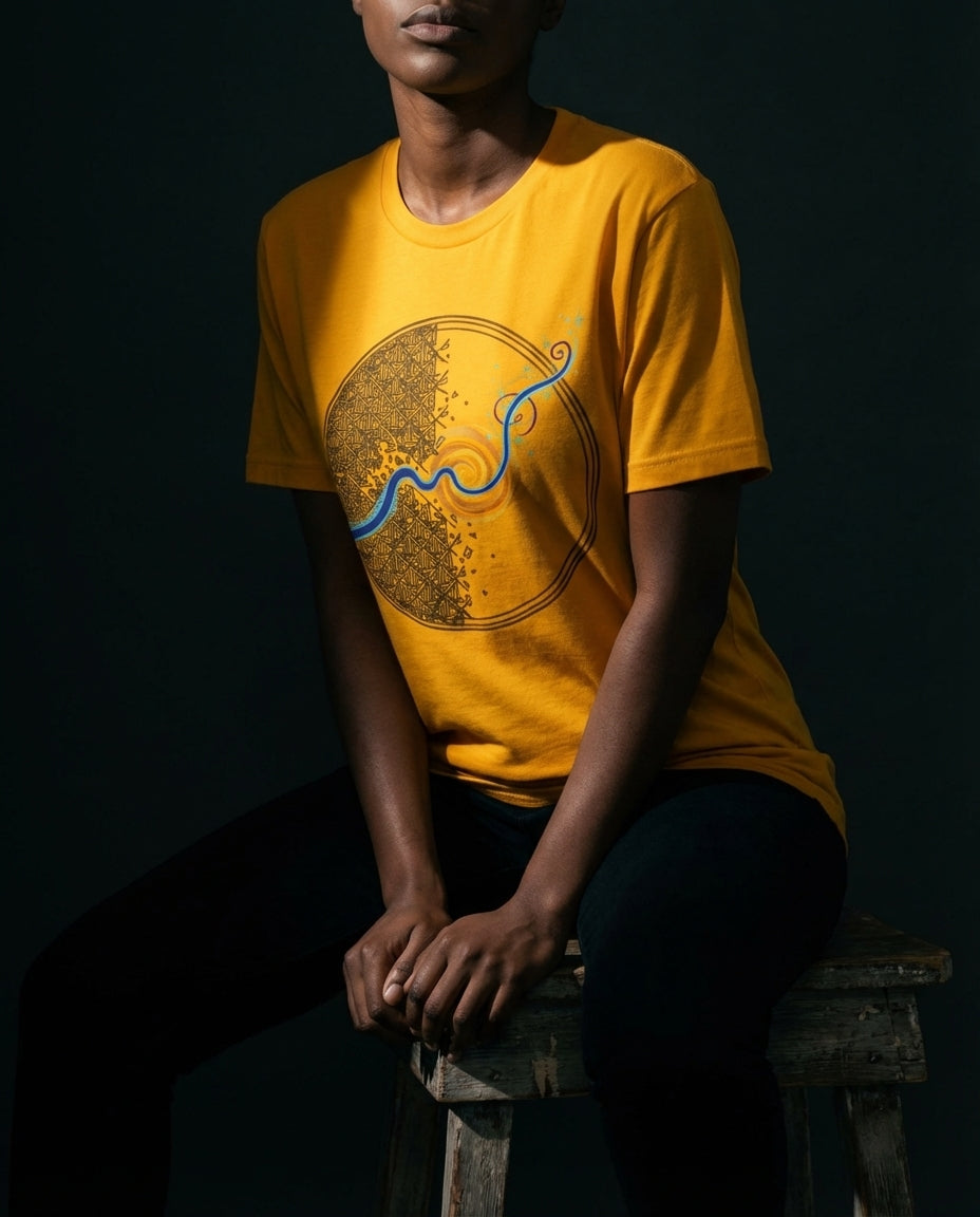 Front view of a model wearing the gold Rewire tee with circular grid and spiral artwork.