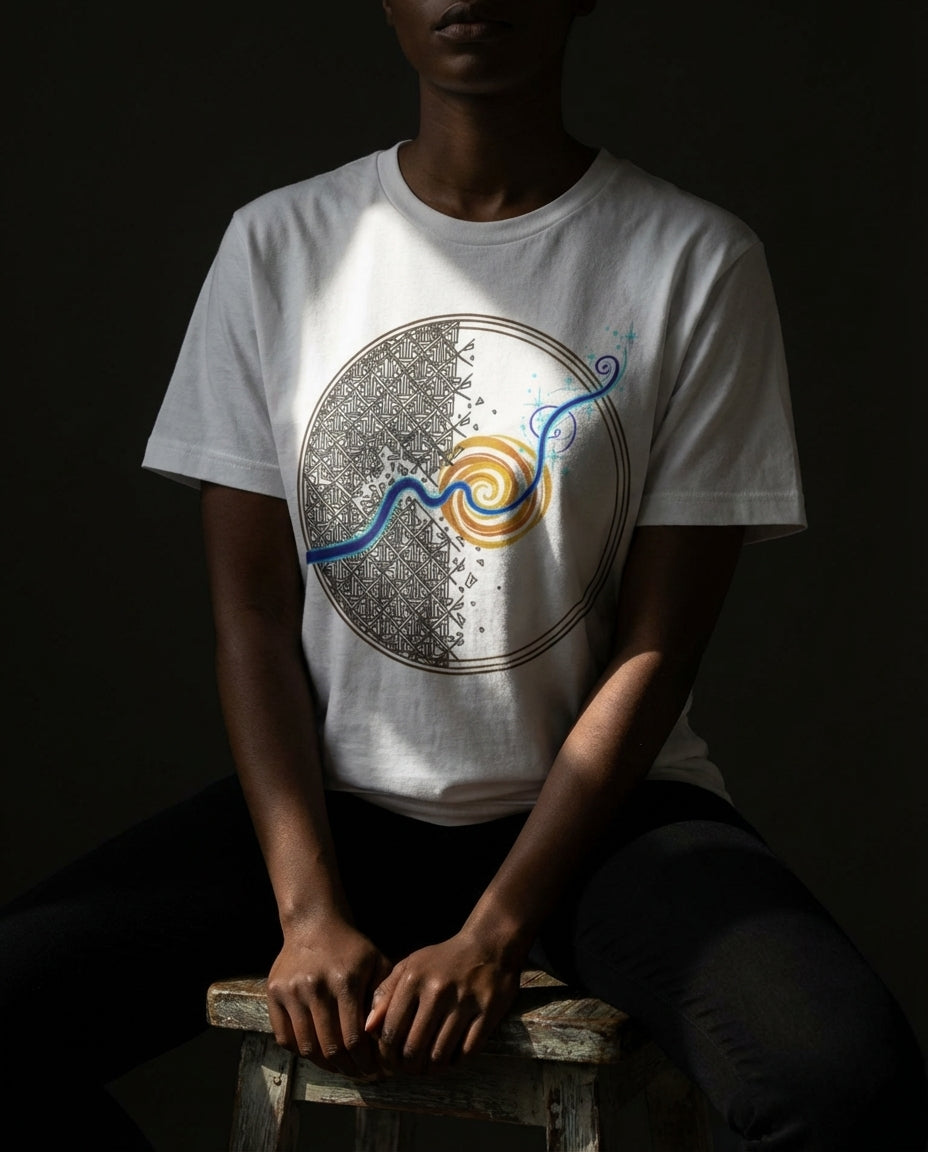 Person wearing a white t-shirt with a circular design featuring a river and map, sitting on a dark background.