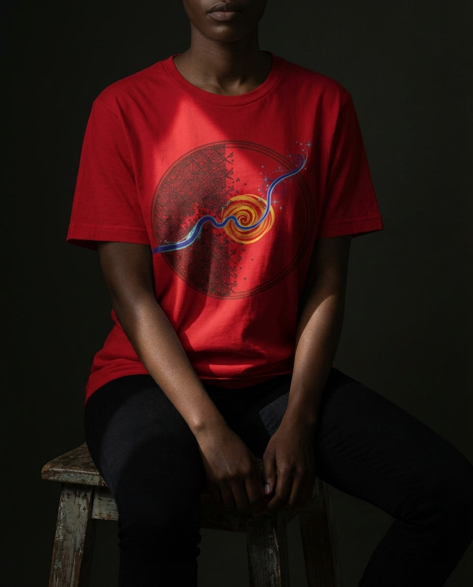 Person wearing a red t-shirt with a graphic design sitting on a stool against a dark background