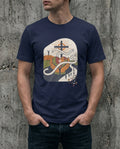 Selah Supply Co. Navy blue scripture-based t-shirt. Features the 'Divine Understanding' sunburst and a figure of surrender on a hill, representing the message of Proverbs 3:5. Premium men's faith-based streetwear.
