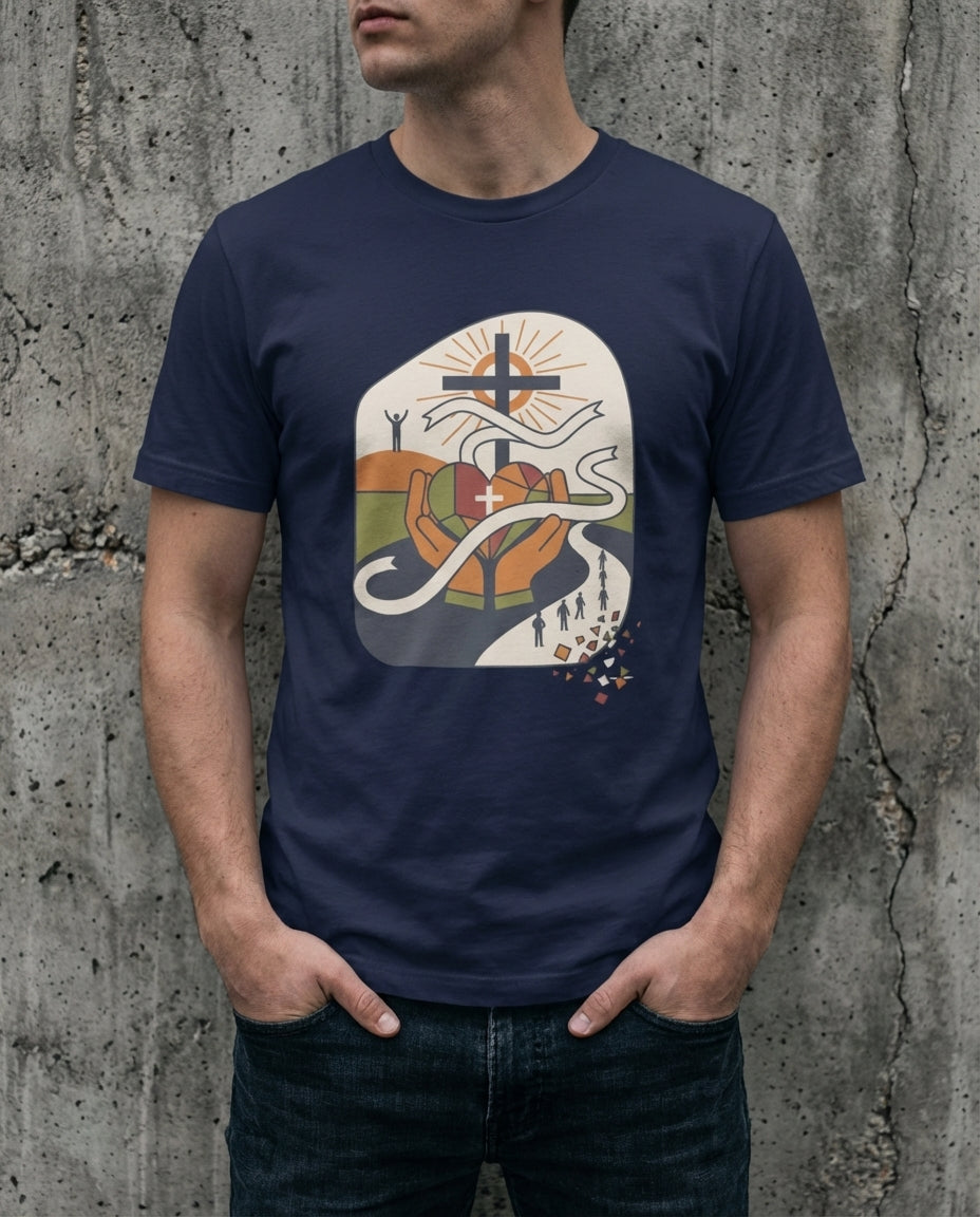 Person wearing a navy blue t-shirt with a graphic design against a concrete wall.