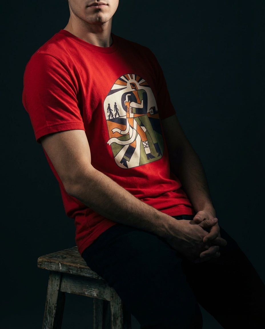 Model seated wearing the Red Two Denarii Tee with a central figure supporting a wounded person, flowing white cloth and smaller walking figures.
