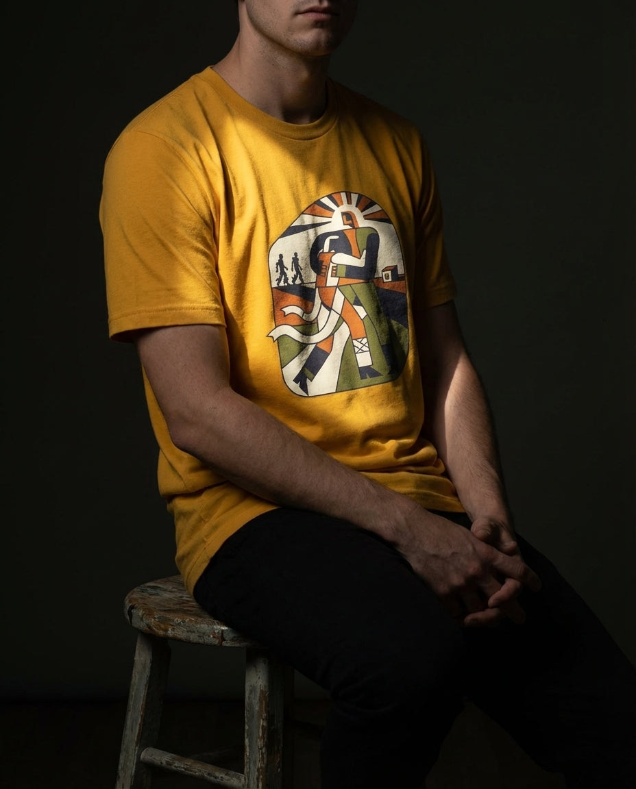 Selah Supply Co. The Two Denarii Tee in Mustard yellow. Model sitting on a wooden stool wearing a Christian graphic tee illustrating the Parable of the Good Samaritan. The design features walking silhouettes and a central embrace, symbolizing active grace.