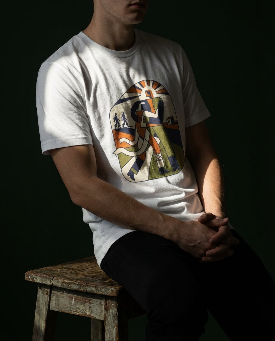 Model seated wearing the white Two Denarii Tee with a central figure supporting a wounded person, flowing white cloth and smaller walking figures.