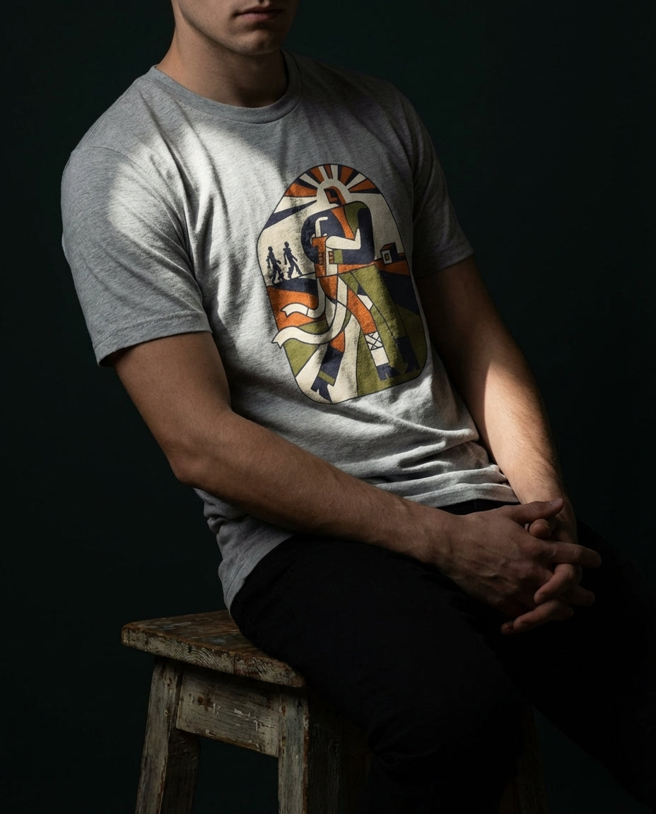 Model seated wearing the Athletic Heather Two Denarii Tee with a central figure supporting a wounded person, flowing white cloth and smaller walking figures.