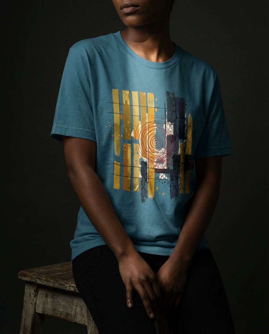 Model wearing the Heather Deep Teal Tares tee, showing gold and dark vertical bars, grid lines and a red spiral.