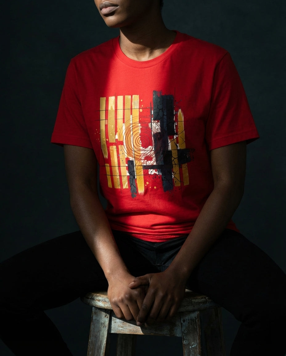 Person wearing a red t-shirt with geometric design sitting on a stool against a dark background