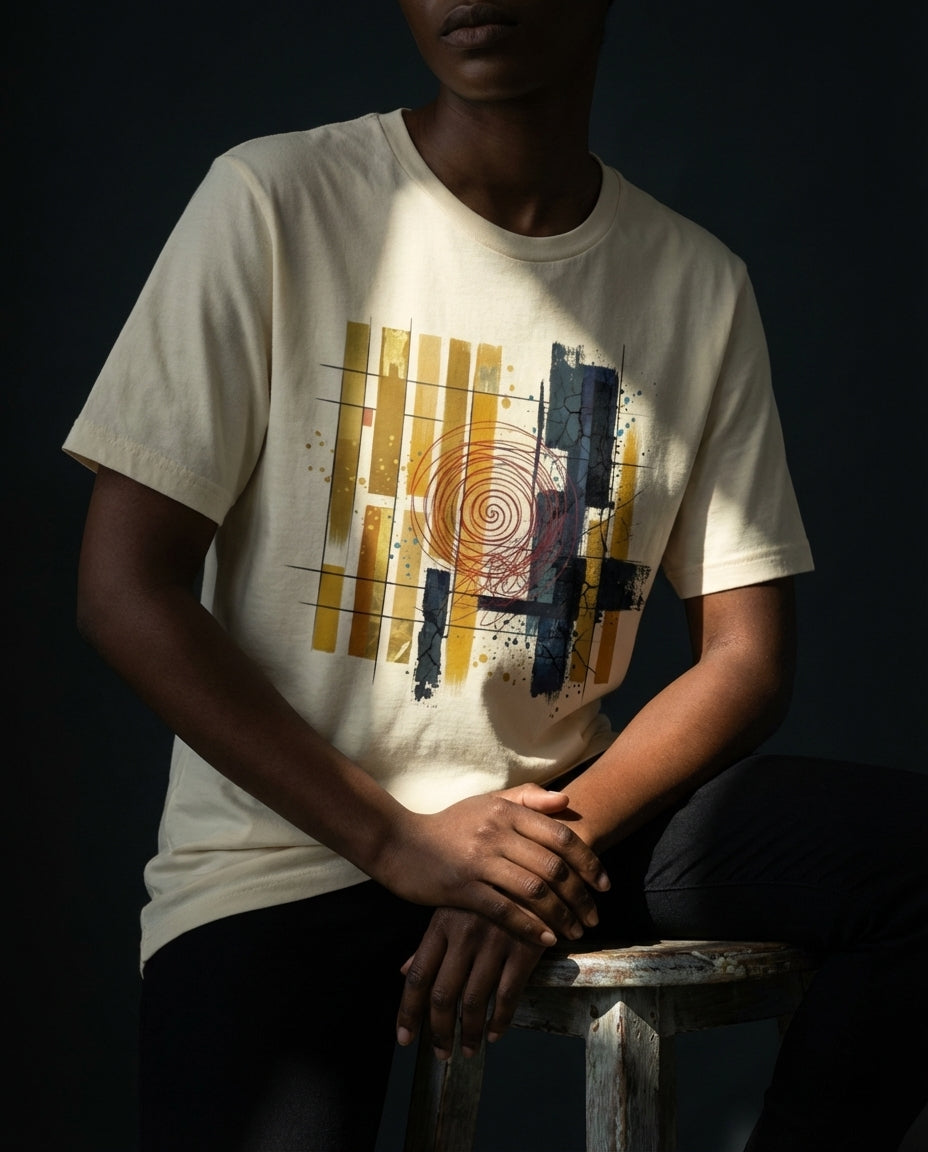 "Selah Supply Co. The Tares Tee in Natural. Model sitting on a stool in a technical workshop wearing a graphic tee that uses abstract gold and dark bars to represent the Wheat and Tares from Matthew 13:30."