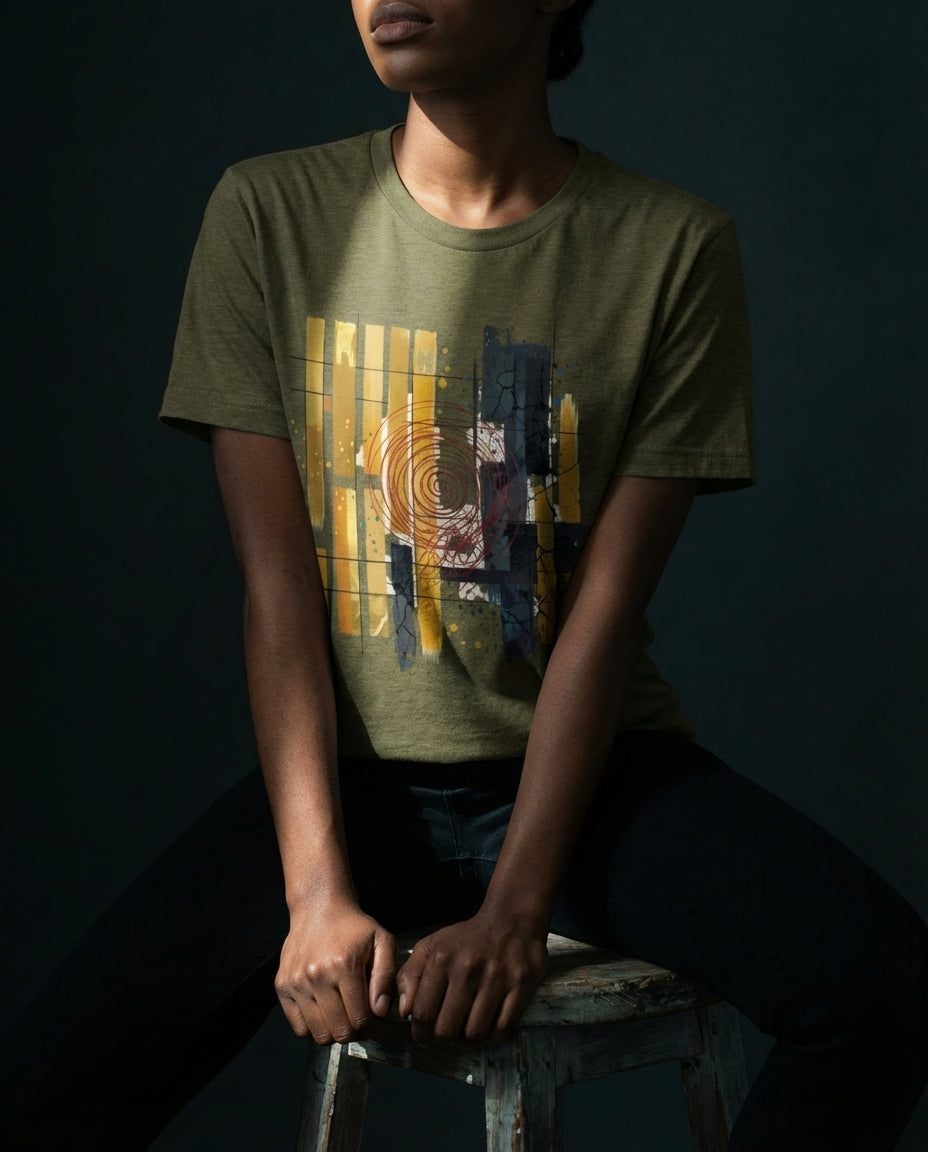 Model wearing the Heather Olive Tares tee, showing gold and dark vertical bars, grid lines and a red spiral.