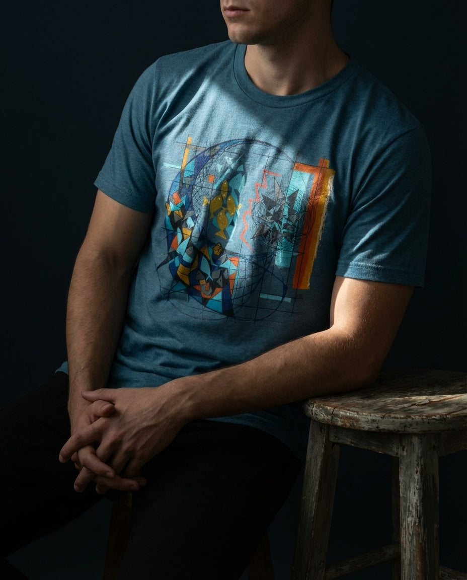 "Selah Supply Co. The Separation Tee in heather deep teal. Model sitting on a wooden stool in a technical workshop wearing a graphic tee that uses abstract geometric fish to represent the sorting of the righteous from Matthew 13:47."