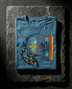 Heather Deep Teal Separation Tee folded on dark stone, showing geometric fish-like forms, dark fragments, a net-like grid and a red dividing line.
