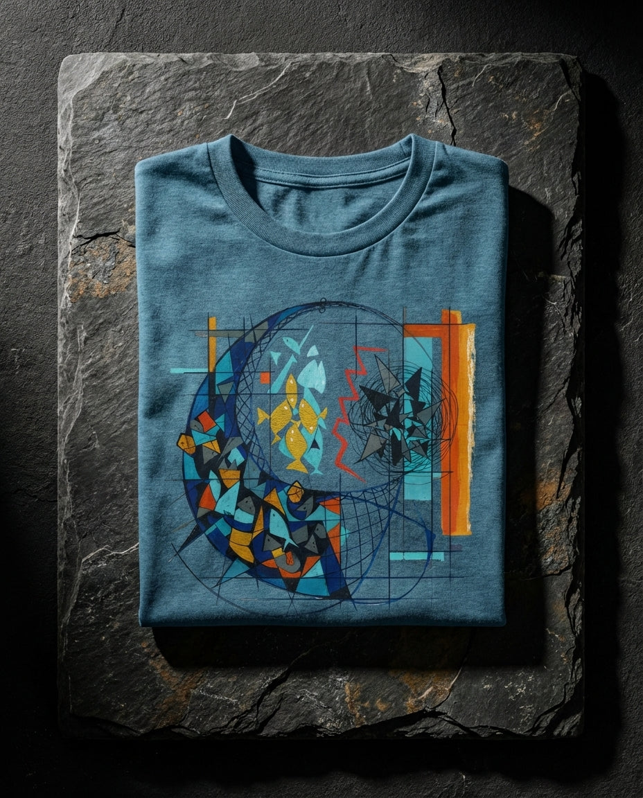 Folded blue t-shirt with abstract design on a dark stone surface