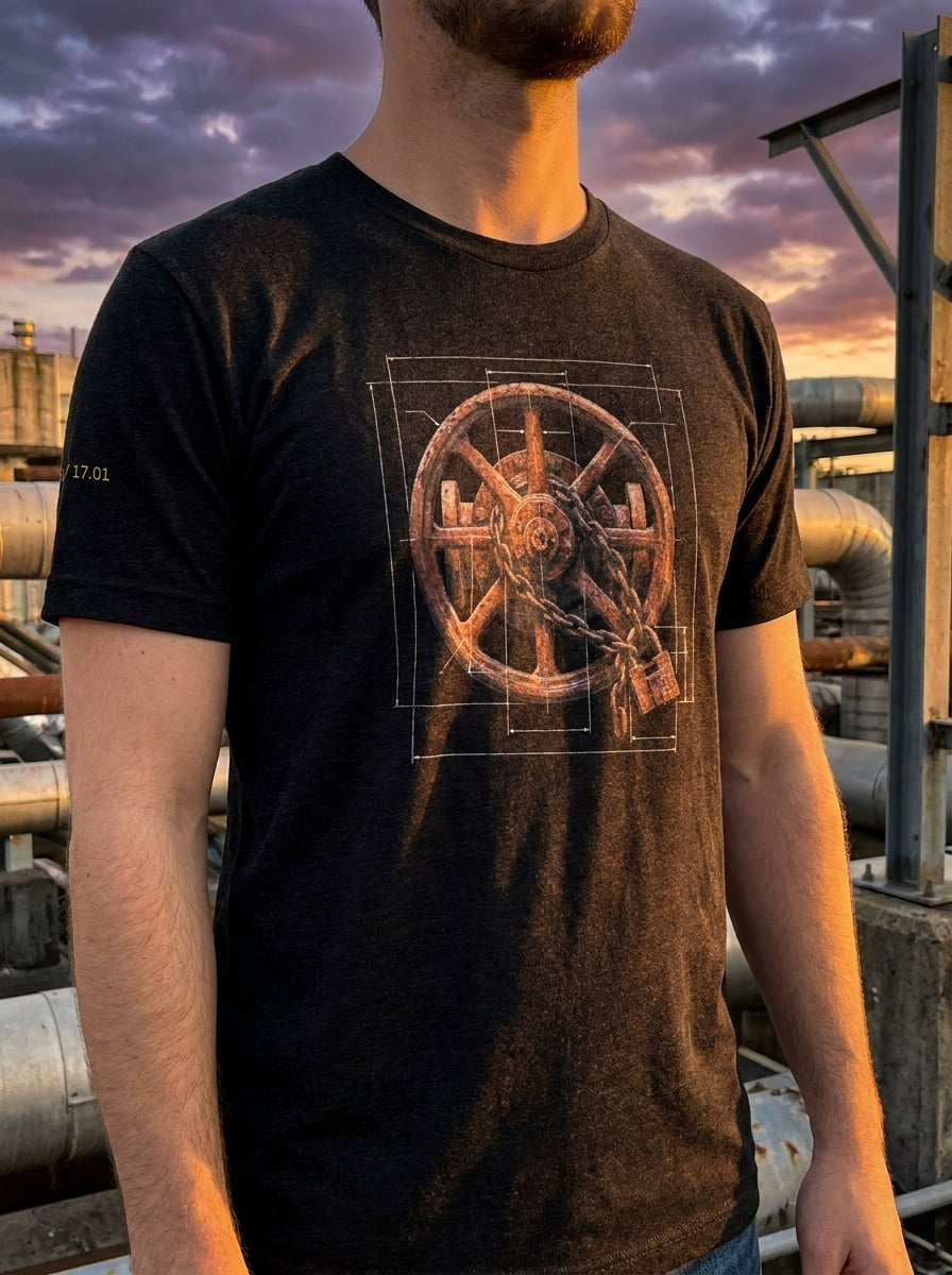 Close-up of a black heather t-shirt featuring an industrial graphic print of a weathered wooden wheel bound by a metal chain and padlock, layered over a white architectural blueprint grid schematic. The sleeve features a lowercase monospace "17.01" numeric print, set against an outdoor industrial background of pipes under a sunset sky.