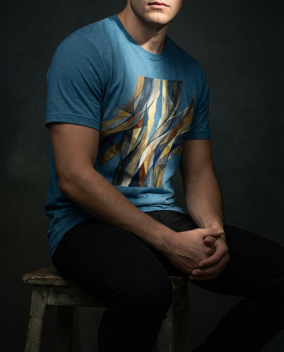 Model wearing the Heather Deep Teal Imputed Tee with blue, charcoal and gold fracture artwork.