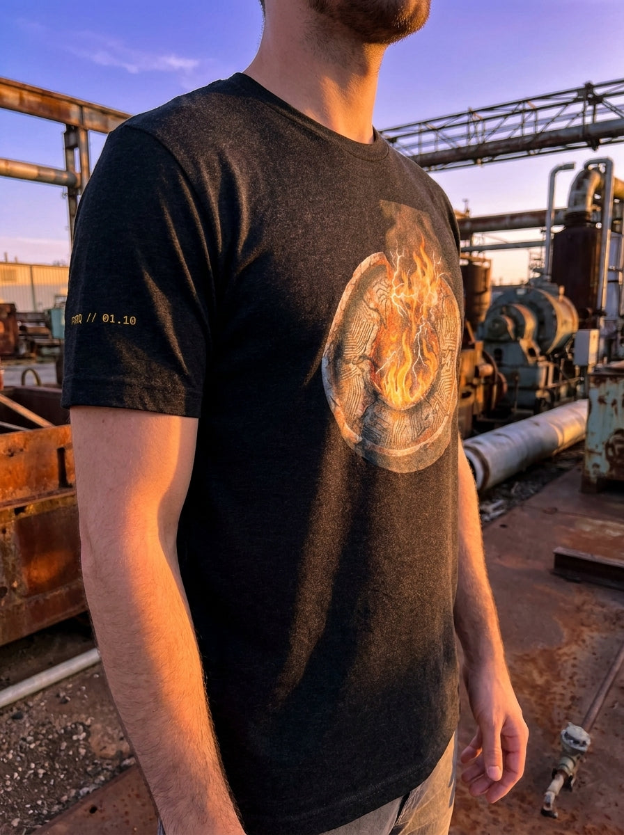 Outdoor lookbook photograph of a model wearing the black graphic t-shirt with the burning circular emblem. The model is positioned against a gritty, real-world industrial backdrop composed of exposed steel scaffolding structures and heavy utility pipes under natural daylight.
