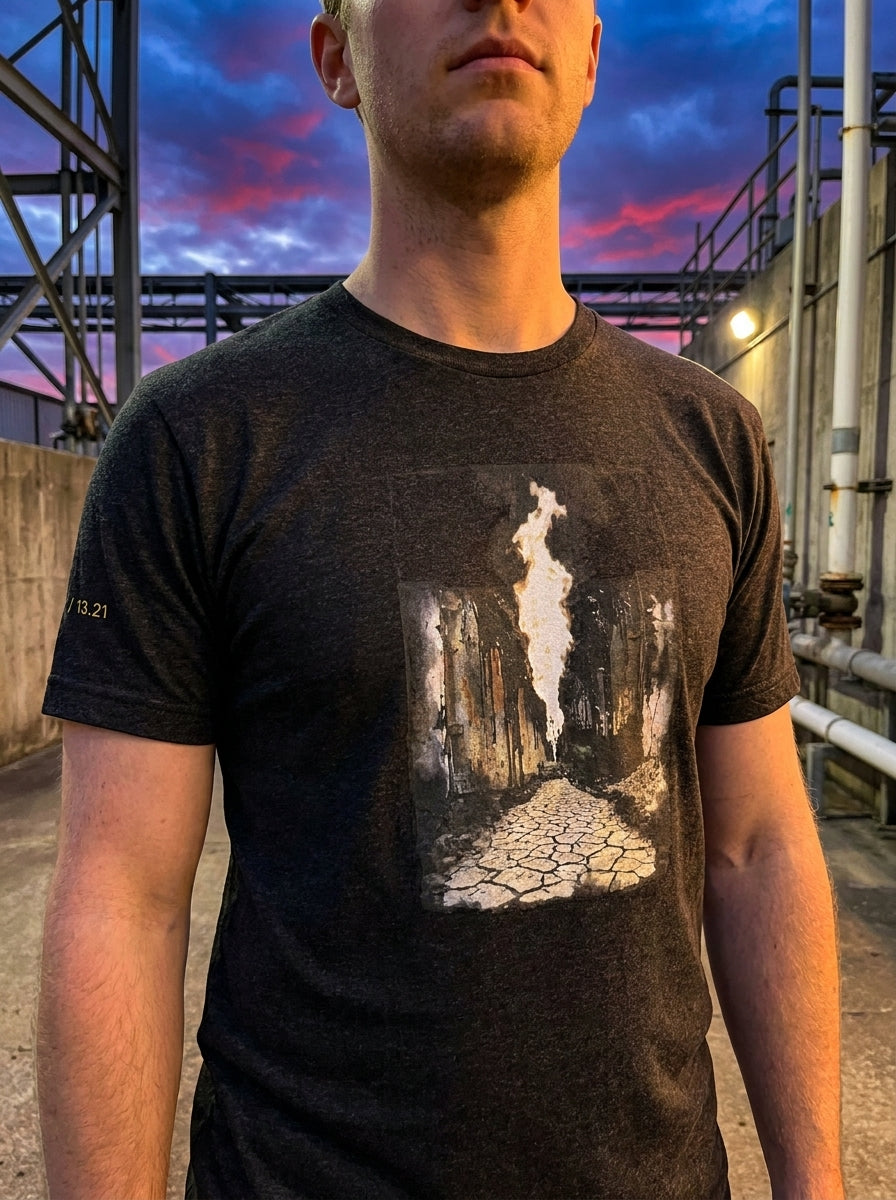 Outdoor lookbook photograph of a model wearing the dark gray heather version of the graphic t-shirt featuring the vertical pillar schematic design. The model is positioned against a raw, brutalist backdrop composed of a weathered concrete architectural wall under clear natural daylight.