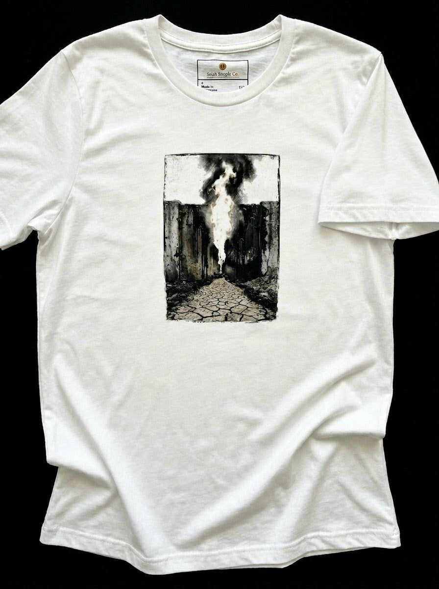 An isolated product flat-lay mockup of the premium white cotton t-shirt, laid flat against a neutral background. The layout showcases the high-contrast, centered vertical chest graphic of the dark industrial pillar and technical line schematic design.