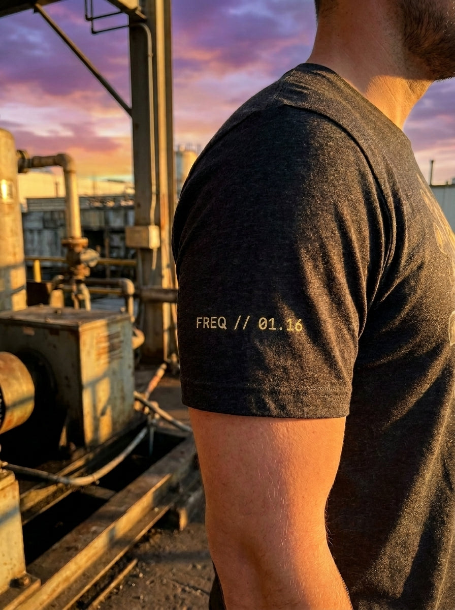 Person wearing a black t-shirt with text in an industrial setting during sunset.