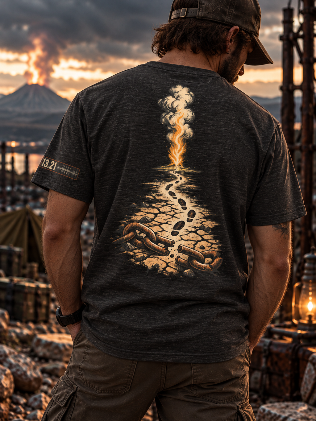 A man viewed from behind wearing a dark heather gray t-shirt with a large graphic print on the back showing a path of footprints leading to a smoking eruption, set against a volcanic landscape at sunset.