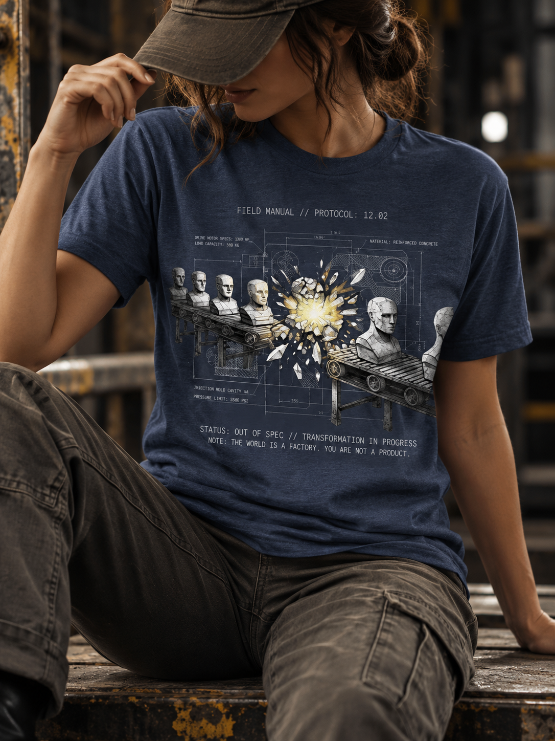 Front view of a seated model in a workshop, wearing a heather navy T-shirt with conveyor belts carrying gray busts around a bright yellow burst, overlaid with technical linework centered on the front.